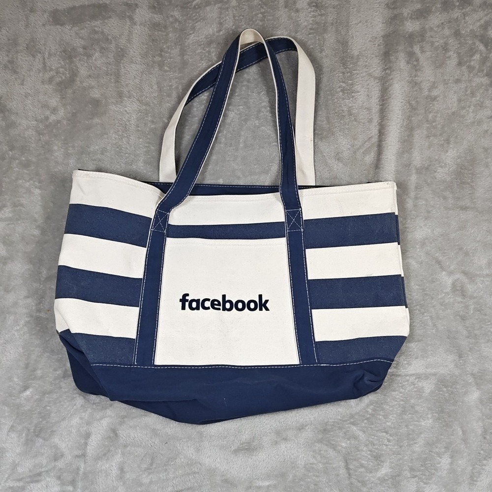 Facebook Tote Bag Blue White Striped Canvas Oversized Travel Preppy Nautical